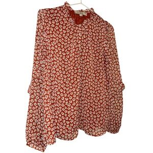LOFT Red White Daisy Floral Ruffle Mock Neck Chiffon Blouse Womens Medium M Long